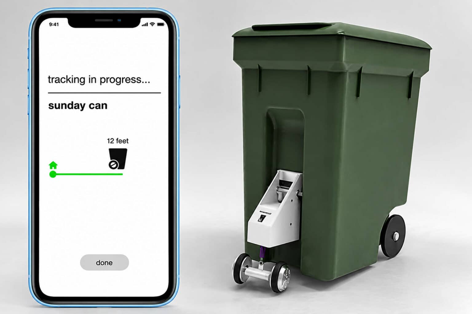Lo schermo dell'app che segue il tragitto del bidone, accanto a un bidone verde con il modulo. Bidone autonomo