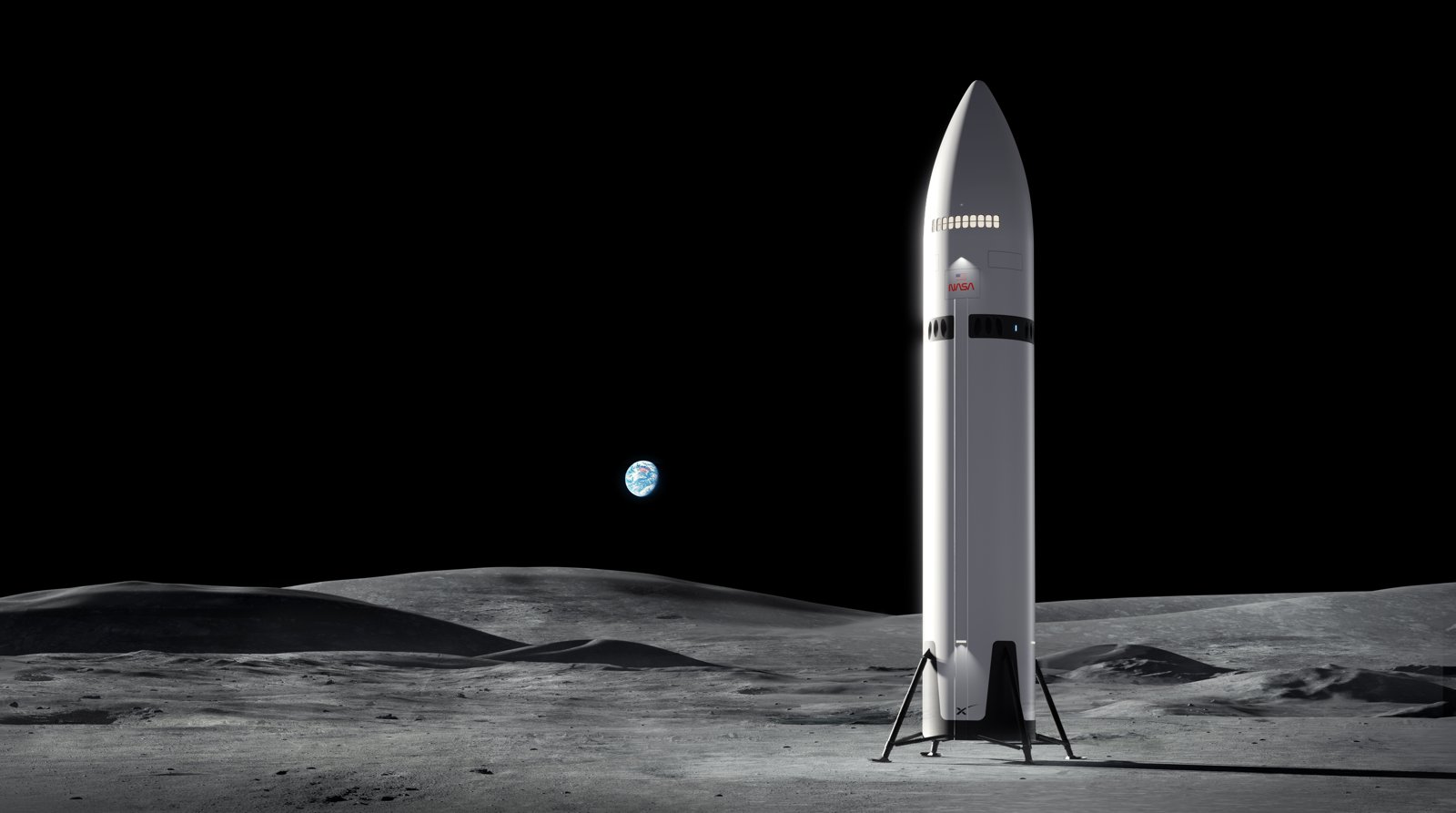 Il lander Starship HLS in piedi sulla superficie lunare, con la Terra piccola all'orizzonte. Starship