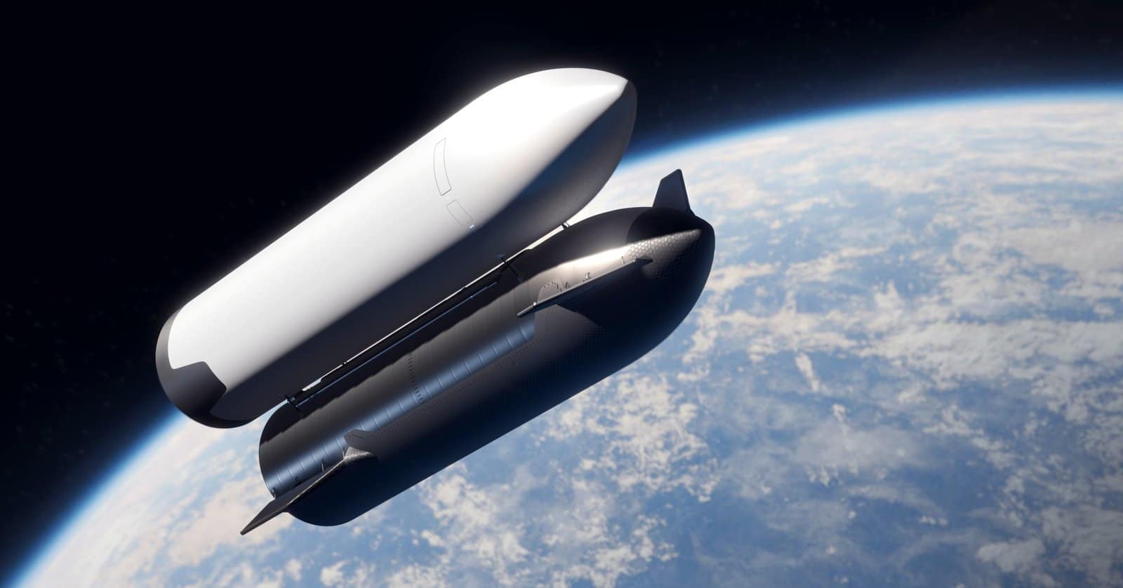 Una nave cisterna Starship scura trasferisce propellente a un deposito bianco in orbita sopra la Terra. Starship