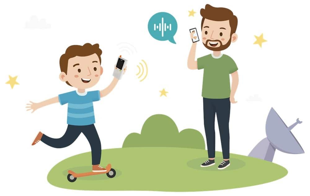Illustrazione di un bambino con un walkie-talkie per bambini Talkid e di un genitore che risponde dallo smartphone
