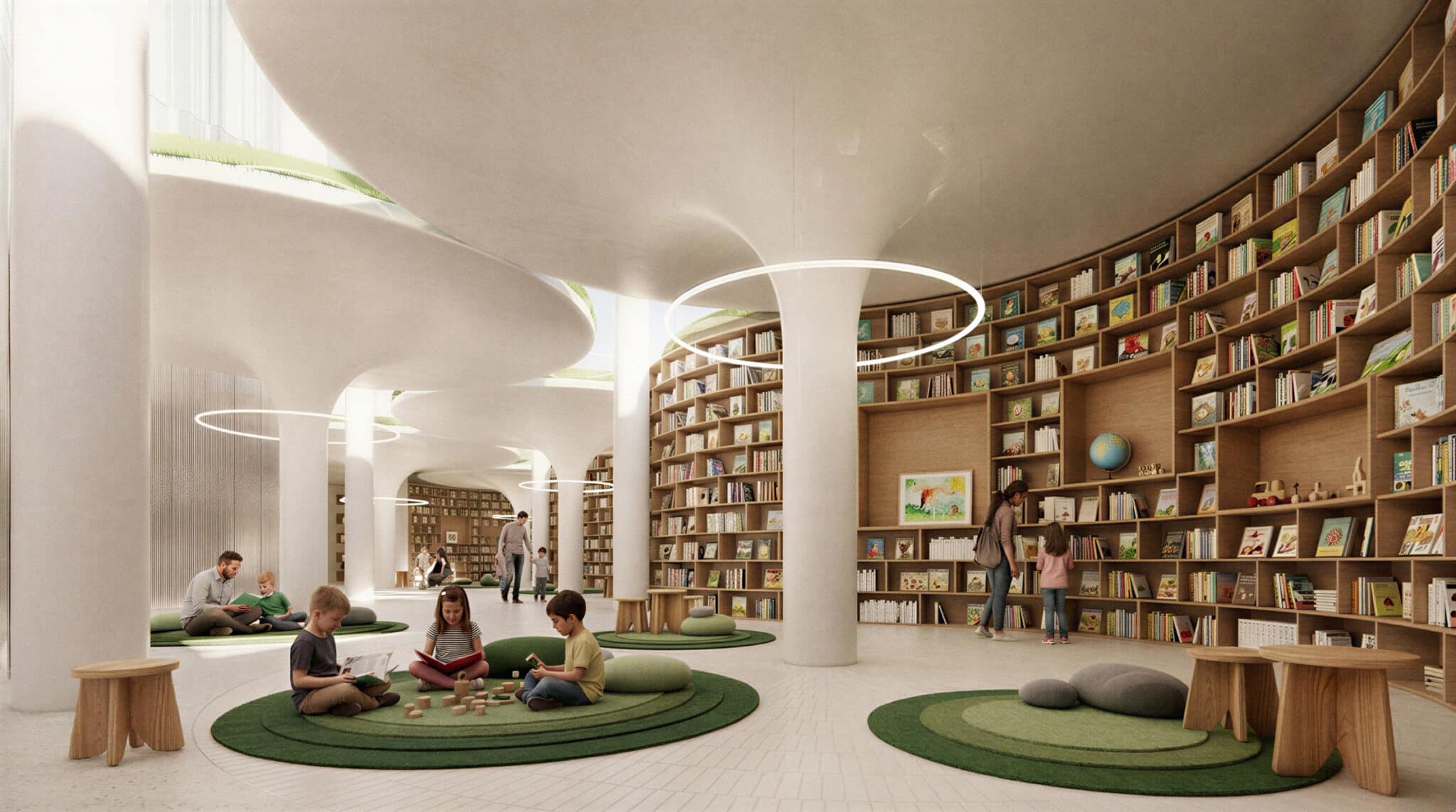 Biblioteca per bambini sotto colonne a calice nell'edificio di BIG