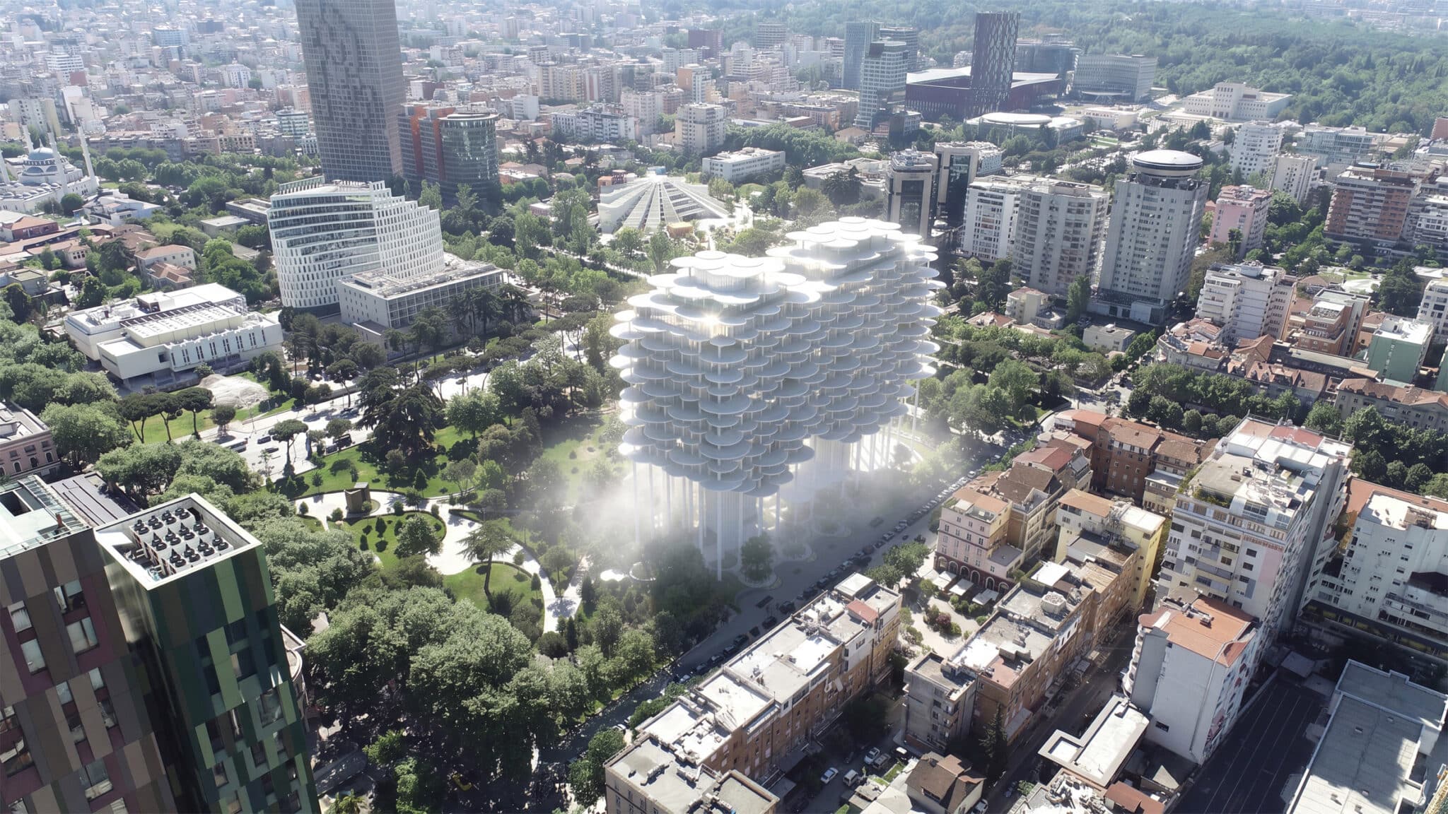 BIG sospende un palazzo a forma di nuvola sopra il parco di Tirana