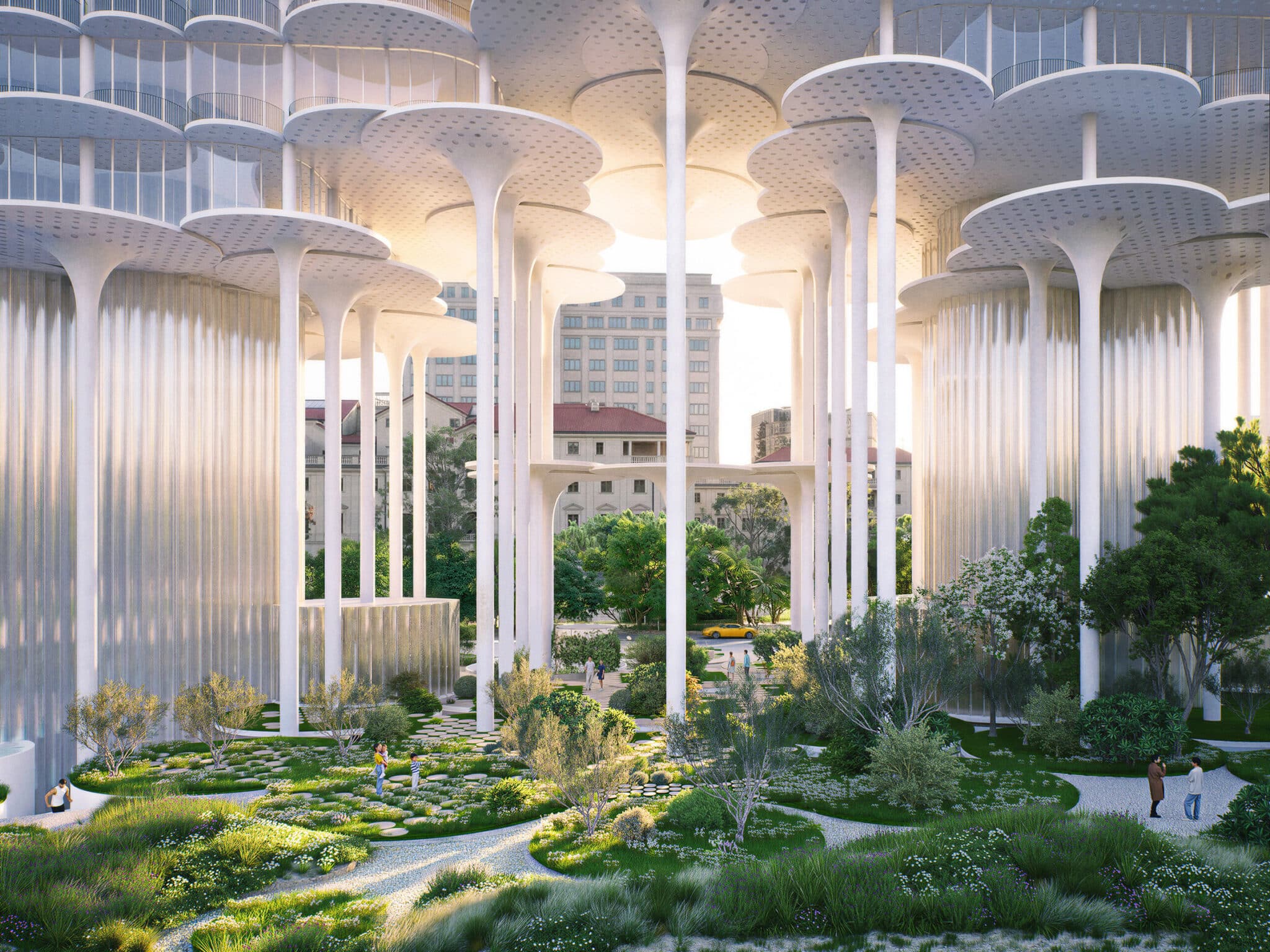 Colonne bianche a calice del nuovo edificio sopra giardini e sentieri del parco Rinia