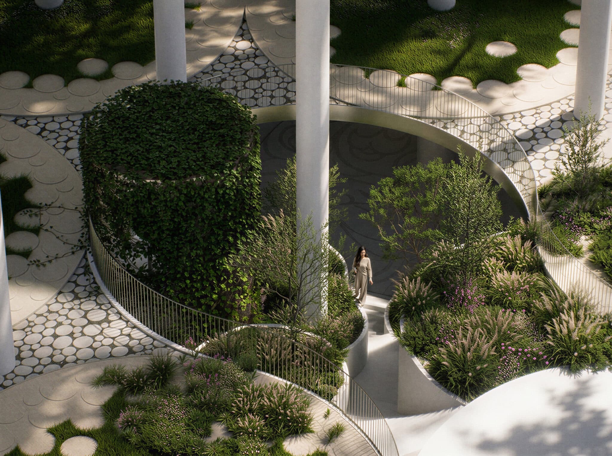 Giardino a rampe e scale circolari nel parco Rinia a Tirana visto dall'alto